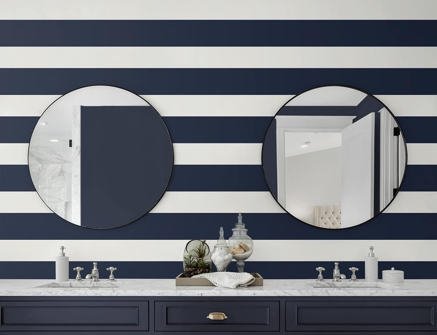 Lillian August NextWall Luxe Haven Designer Stripe Peel and Stick Wallpaper (Midnight Blue & White)