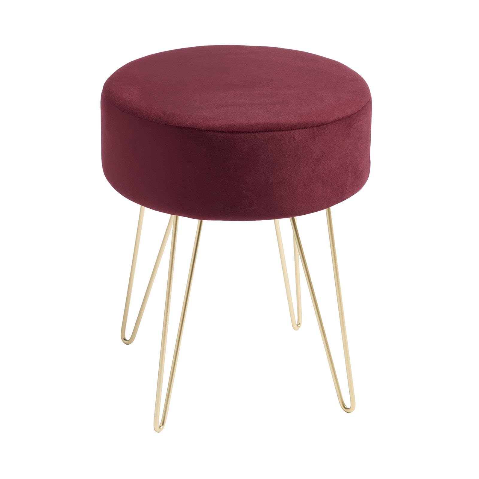 OHS Dressing Table Chair Matte Velvet Round Makeup Vanity Stool with Gold Hairpin Legs Footstool Comfy Bedroom Chair Foot Stool Living Room Home Dressing Room, Dark Berry