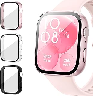 Tuocal 3 Pack PC Case Compatible with Huawei Watch Fit 3, PC Hard Frame with Tempered Glass Screen Protector, All Around Full-Coverage Scratchproof Protective Case for Huawei Watch Fit 3