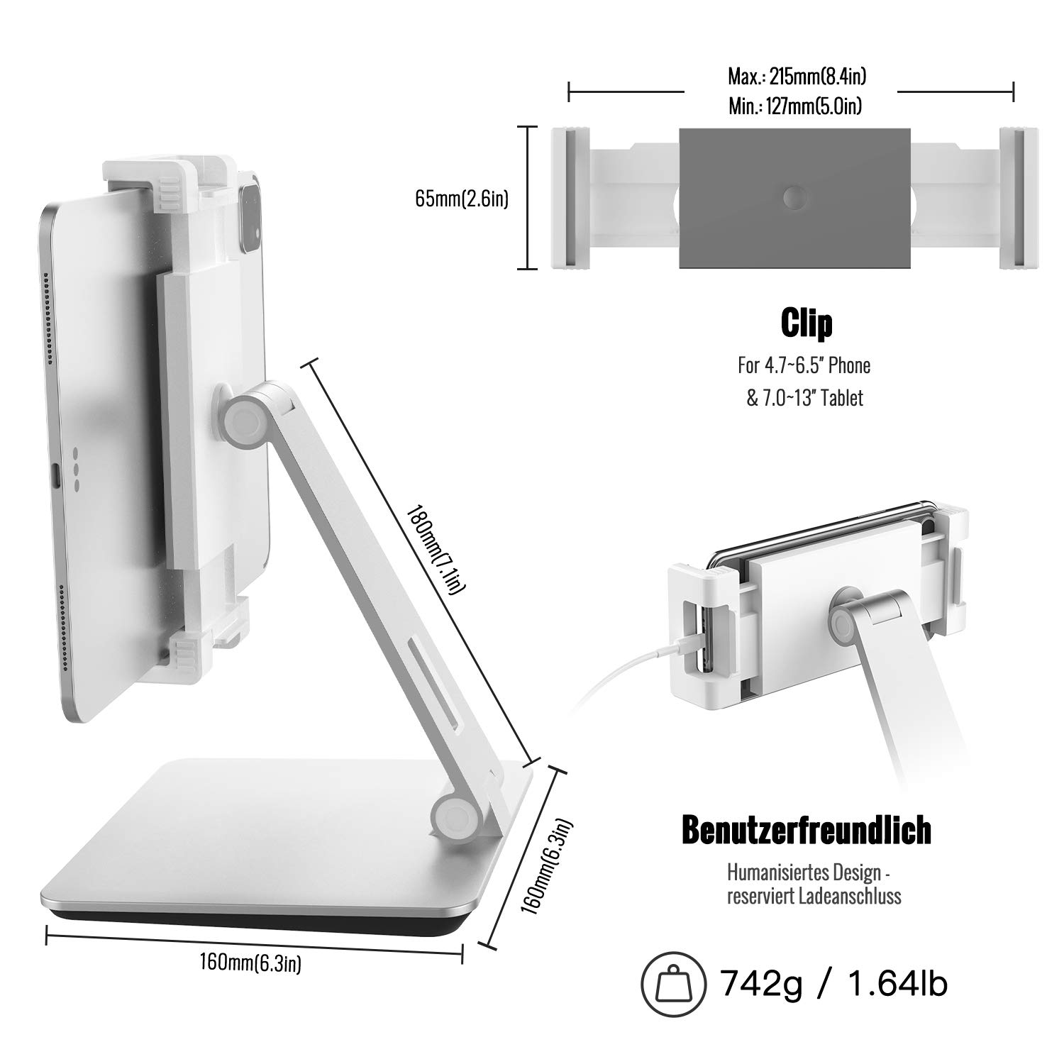 Soporte para tablet ajustable de aluminio resistente, giratorio 360°, plegable, de metal, para iPad, Samsung Tab, Kindle (4,7-13 pulgadas), color plateado