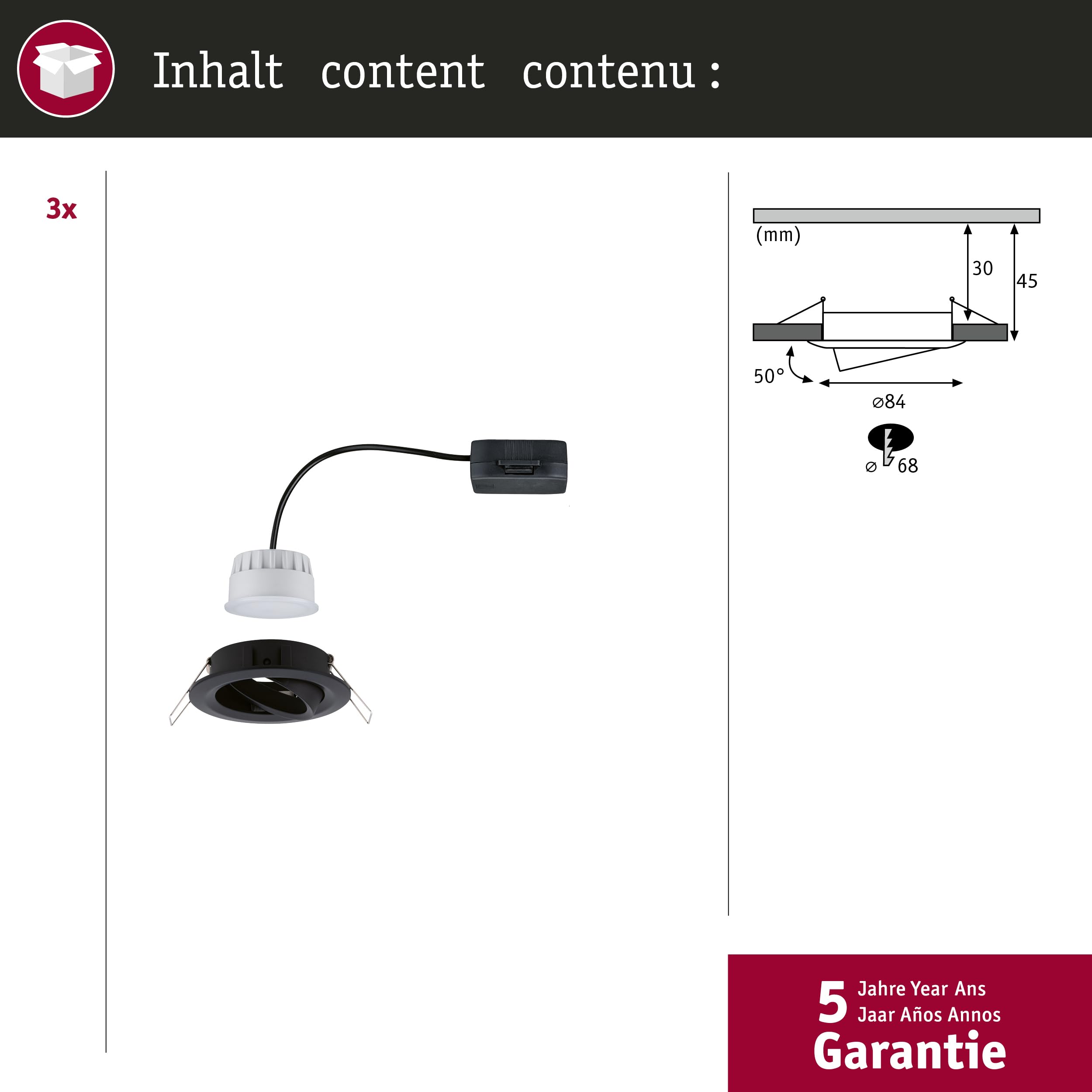 Paulmann 94472 Nova LED Einbauleuchte 3er Set Coin schwenkbar Warmweiß 3-Stufen-dimmbar rund incl. 3x6,5 Watt dimmbar Einbaustrahler Schwarz matt Spot Alu Einbaulampe 2700 K Coin