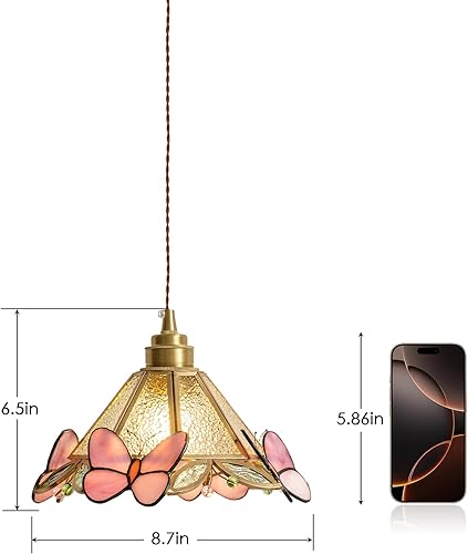 Miniatura 3 de MODIVO Lámpara colgante estilo Tiffany enchufable con diseño de mariposa y polea giratoria, 3 opciones de vidrio (transparente, ondulado,