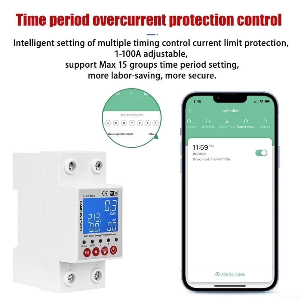 2 interruttori automatici Smart WiFi di Palo 63A con protezione da perdite sopra sotto tensione e monitoraggio energetico in tempo reale fino a 99999,9 kWh