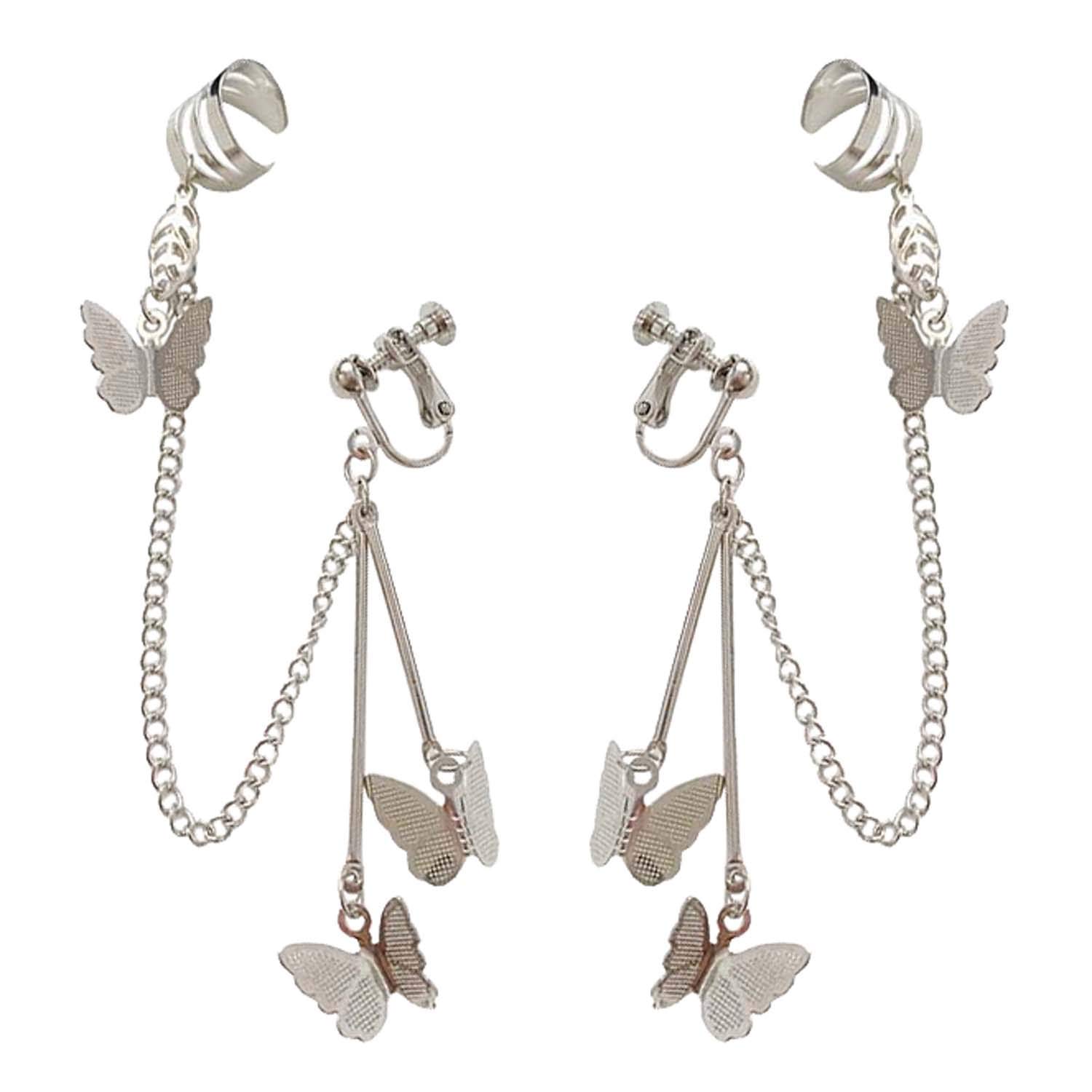 Womens Unique Trendy Dainty Small Hanging Butterfly Wing Dangle Drop Clip on Hoop Earrings Bulk Long Chain Tassel Threader for Women Teen Girls Kids Fashion Non Pierced Ears Jewelry