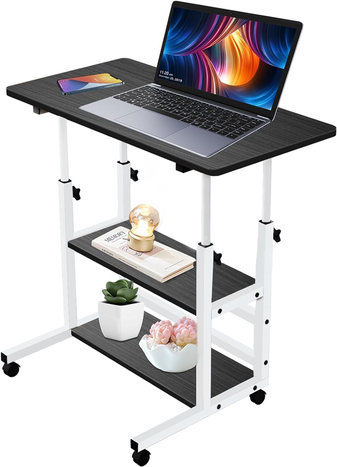 AUTOYSUR Mobile Stand Up Desk，Height Adjustable Laptop Table with Shelf, tand Up Desk Cart with Sliding Keyboard Tray, Study Table for Bedroom, Apartment, Home Office Desk 15.7 * 31.5 Inch (Black)