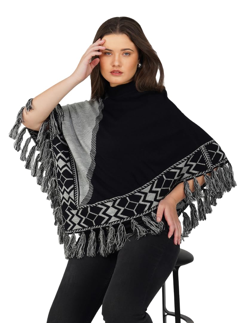joe hazel Women Black and Grey Poncho – Fringed Cape with Tribal Design-picture-38