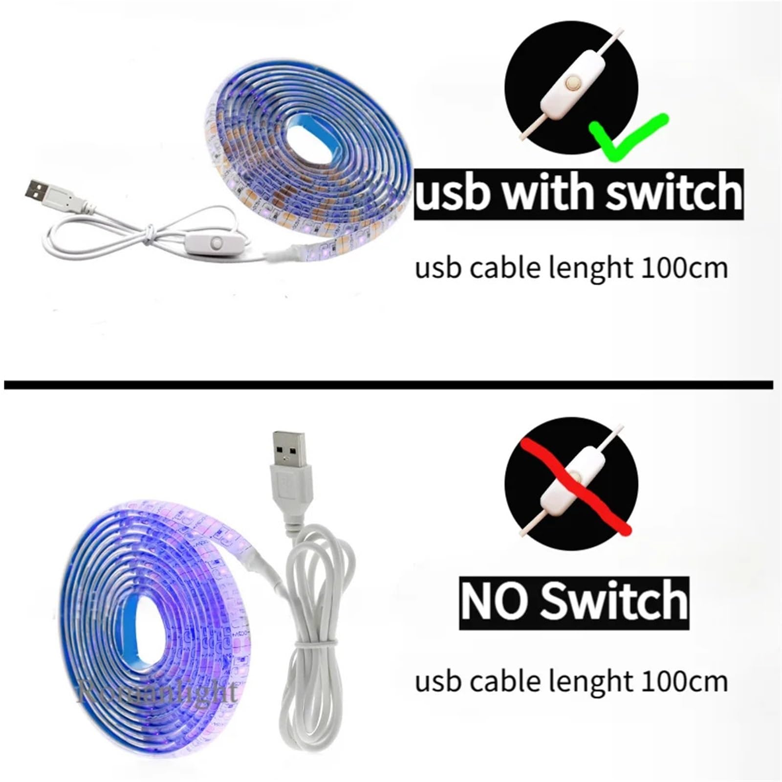 Taśma świetlna LED 5 V USB z przełącznikiem, dekoracja, wodoodporna taśma do podświetlenia pokoju domowego, taśma 1 m, 2 m, 5 m, biała 6000 K, 2 m, USB z przełącznikiem)