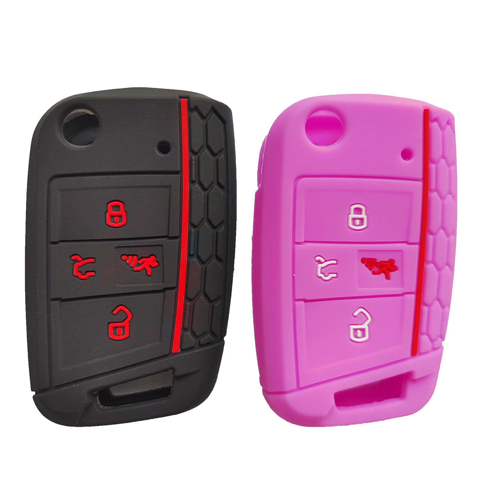 EXUNTECH 2Pcs Silicone Remote Key Fob Cover Compatible for 2020 2019 2018 2017 VW Volkswagen Golf Alltrack Sportwagen GTI Tiguan Atlas Polo Skoda Octavia,Black+Purple