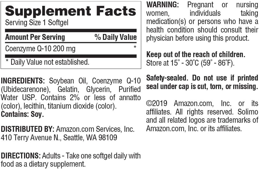 Amazon Brand - Solimo Coenzyme Q10 200 mg - Normal Energy Production, Supports Cardiovascular Health* - 5 Month Supply (150 Softgels)