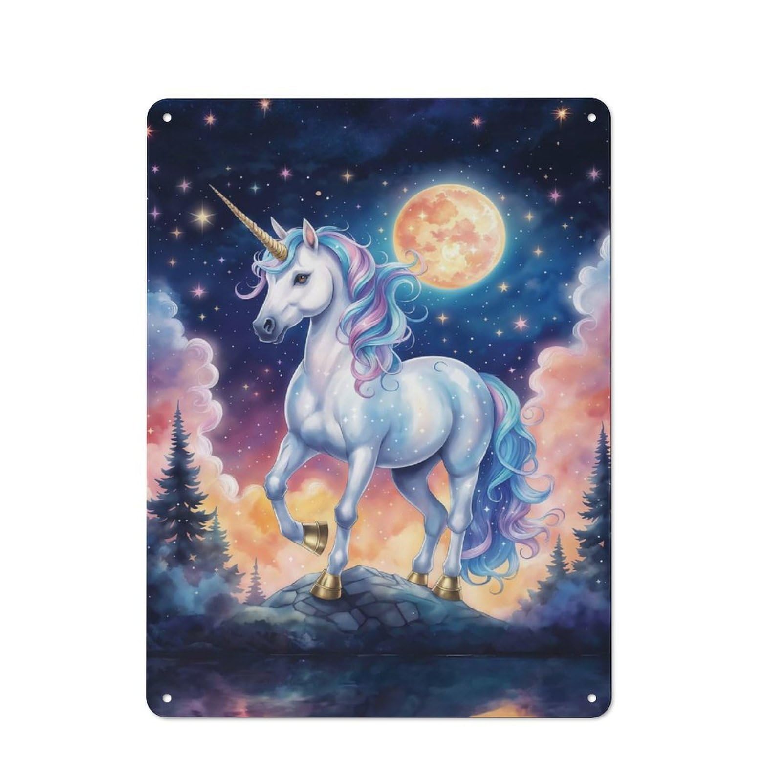 Magical Unicorn Under The Moonlight Metal Wall Plaque 40x30cm, Understated Creative Space Decor for Home Office, Reading Corner Or Bedroom