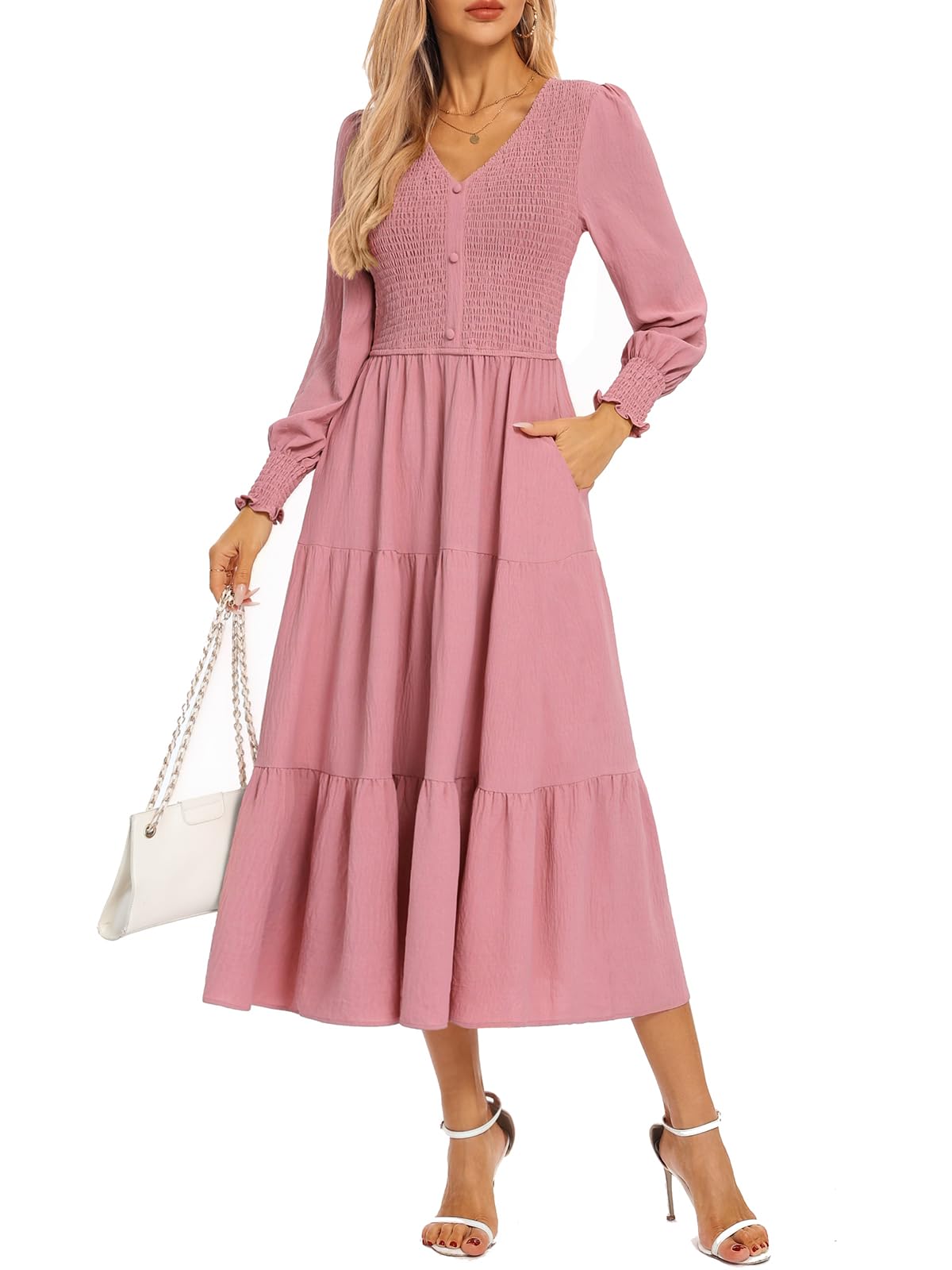 Kate Kasin Womens Long Sleeve Mixi Dress Smocked Work Dress with Pockets Elegant Fall Dresses 2025