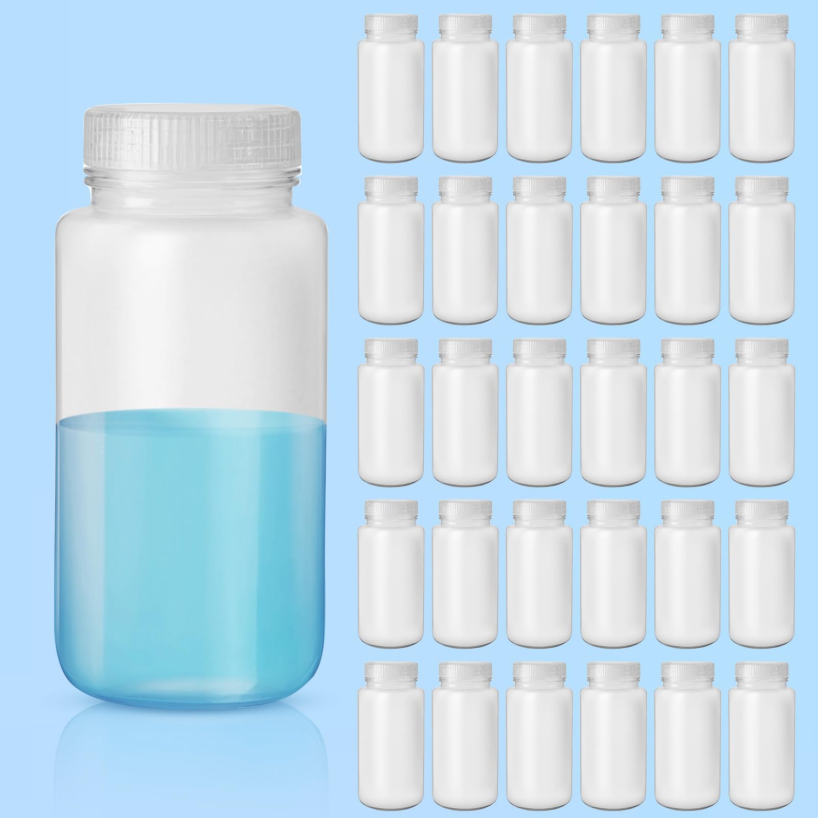 Tatuo 30 botellas de muestra de plástico de 8 onzas, botella de reactivo de boca ancha con tapas de rosca, botellas de almacenamiento de líquidos translúcidos de polietileno para laboratorio y aula,