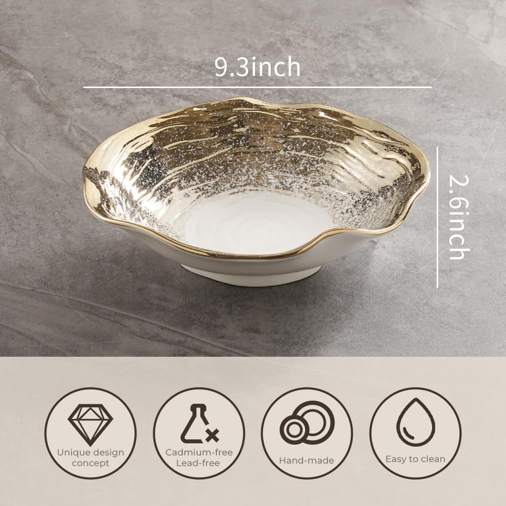 Gradient Gold Artistic Ceramic Bowl Set of 4, 9.3-Inch Lotus Edge Porcelain Bowls with Starburst Design, 23.5cm Food-Safe Dining & Gift Bowls
