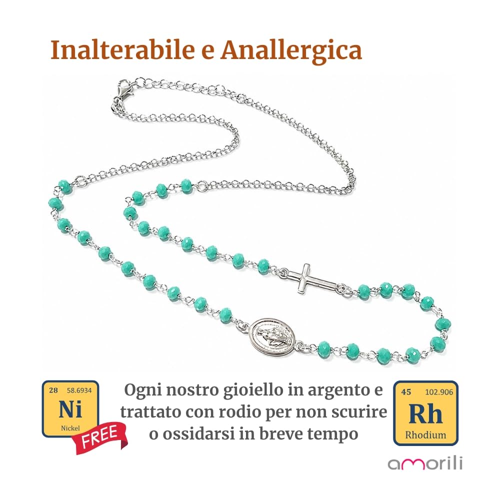 Collana Rosario Girocollo Uomo Donna in Argento 925 con Grani Verde Mare Sfaccettati – Collana Religiosa Cattolica Cristiana di Fede – Gioiello Elegante cll2212