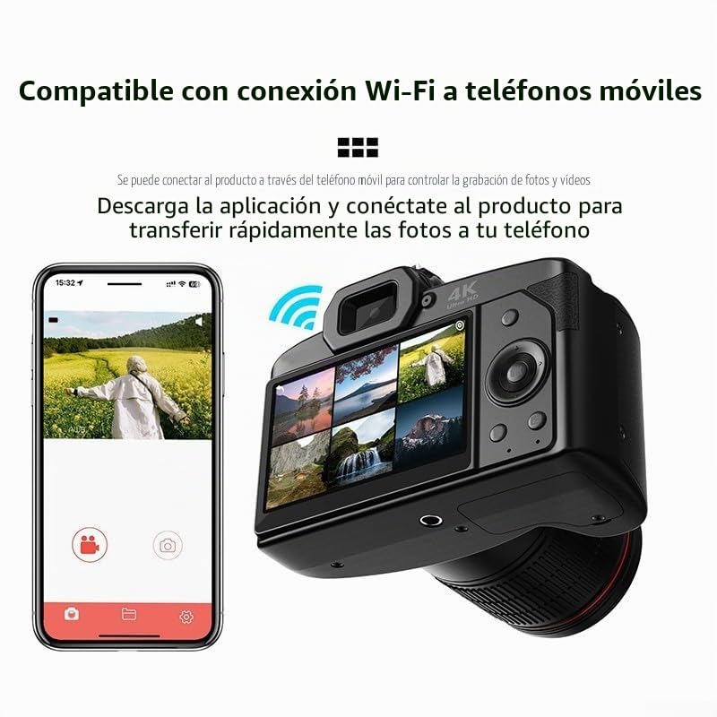 Cámaras de fotografía digital 4K, cámara D5 HD WiFi DSLR, cámara digital de belleza dual de 64 megapíxeles, pantalla táctil con zoom de 16X, 23 x 16 x 11,8 cm (negro)