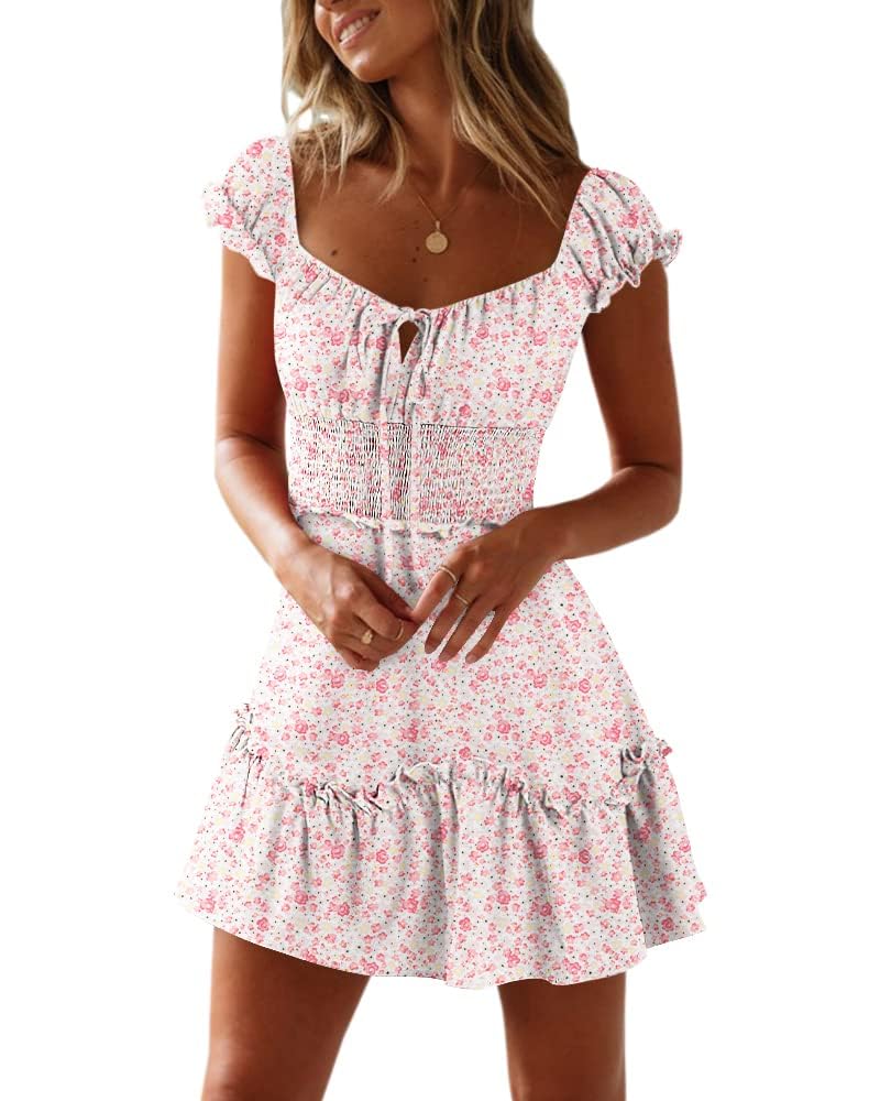 YOBECHO Womens Summer Ruffle Sleeve Sweetheart Neckline Printing Dress Mini Dresses