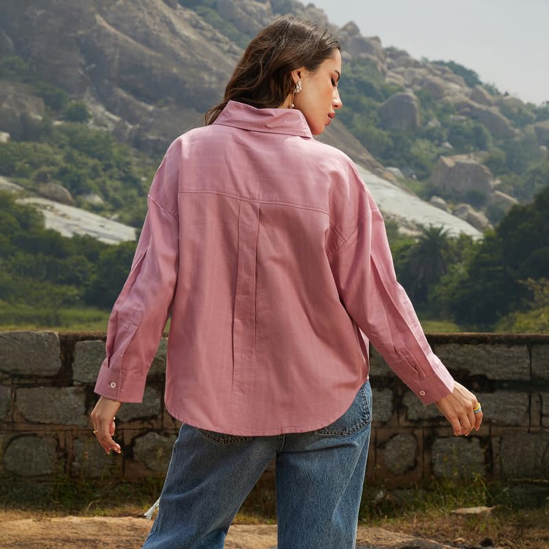 Image of PINACOLADA Women's Solid Oversized Shirt for Casual Wear | Spread Collar | Long Sleeve | Button Closure | Oversized Shirt Crafted with Comfort Fit for Everyday Wear