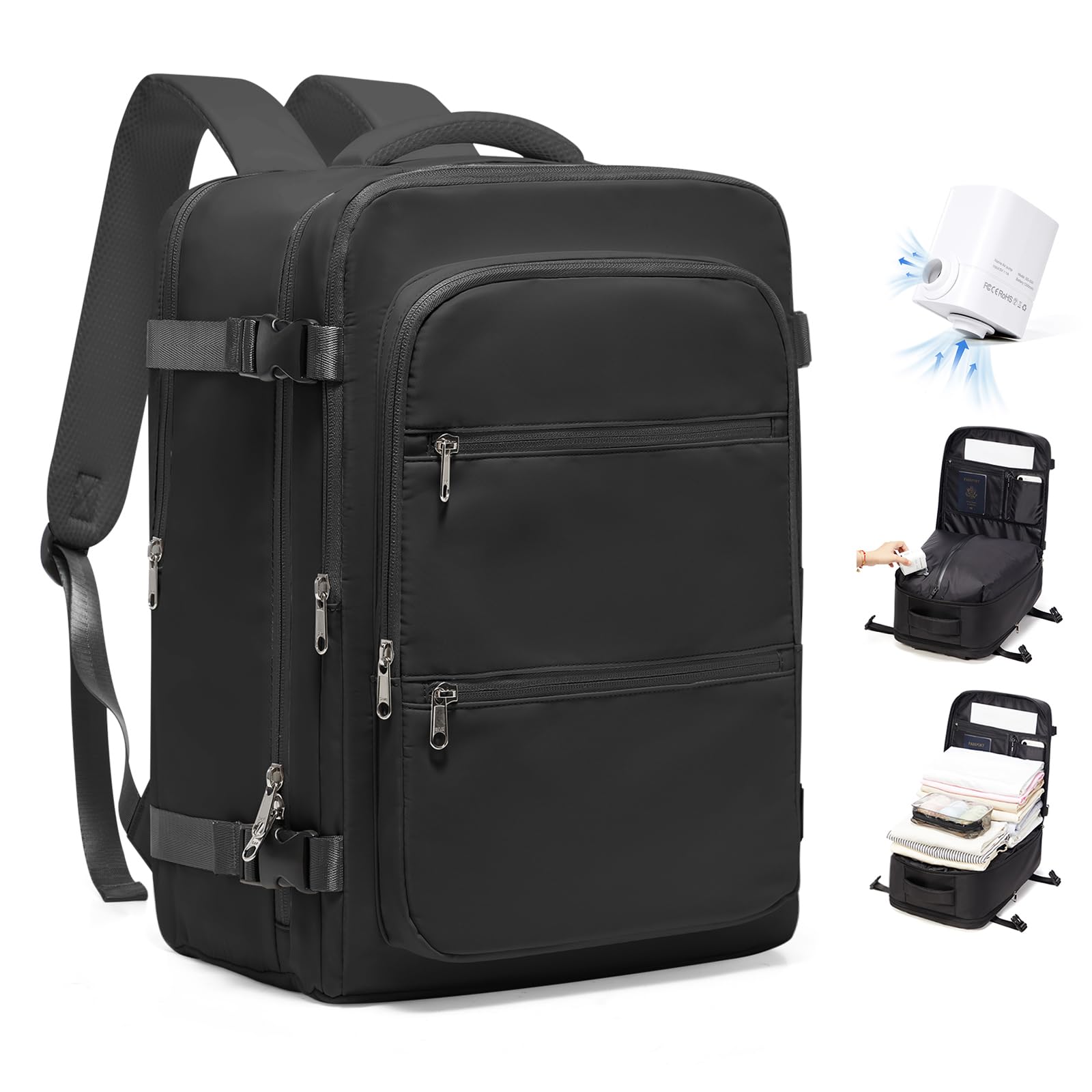 Zaino Ryanair 40x30x20 Sottovuoto con pompa,Wizzair Sottovuoto da viaggio Bagaglio a Mano con compressione sottovuoto,Zaino Donna Zaino Casual Laptop 14 Pollici,Nero