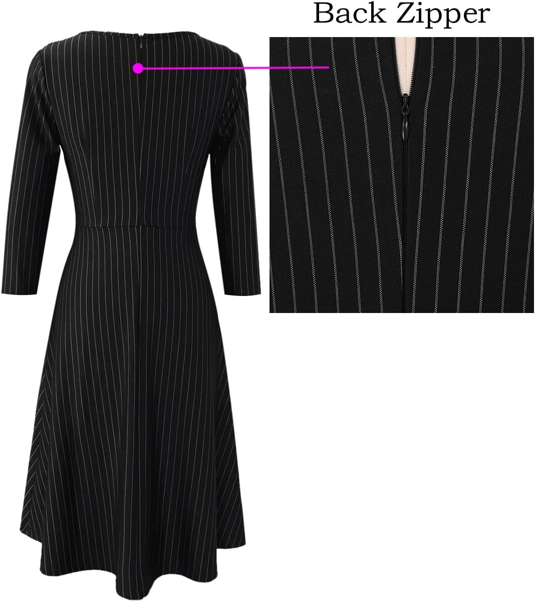 VFSHOW Womens Work Business Front Zipper A-Line Dresses 3/4 Sleeve Office Church Fit and Flare Skater Swing Knee Length Dress - Image 5