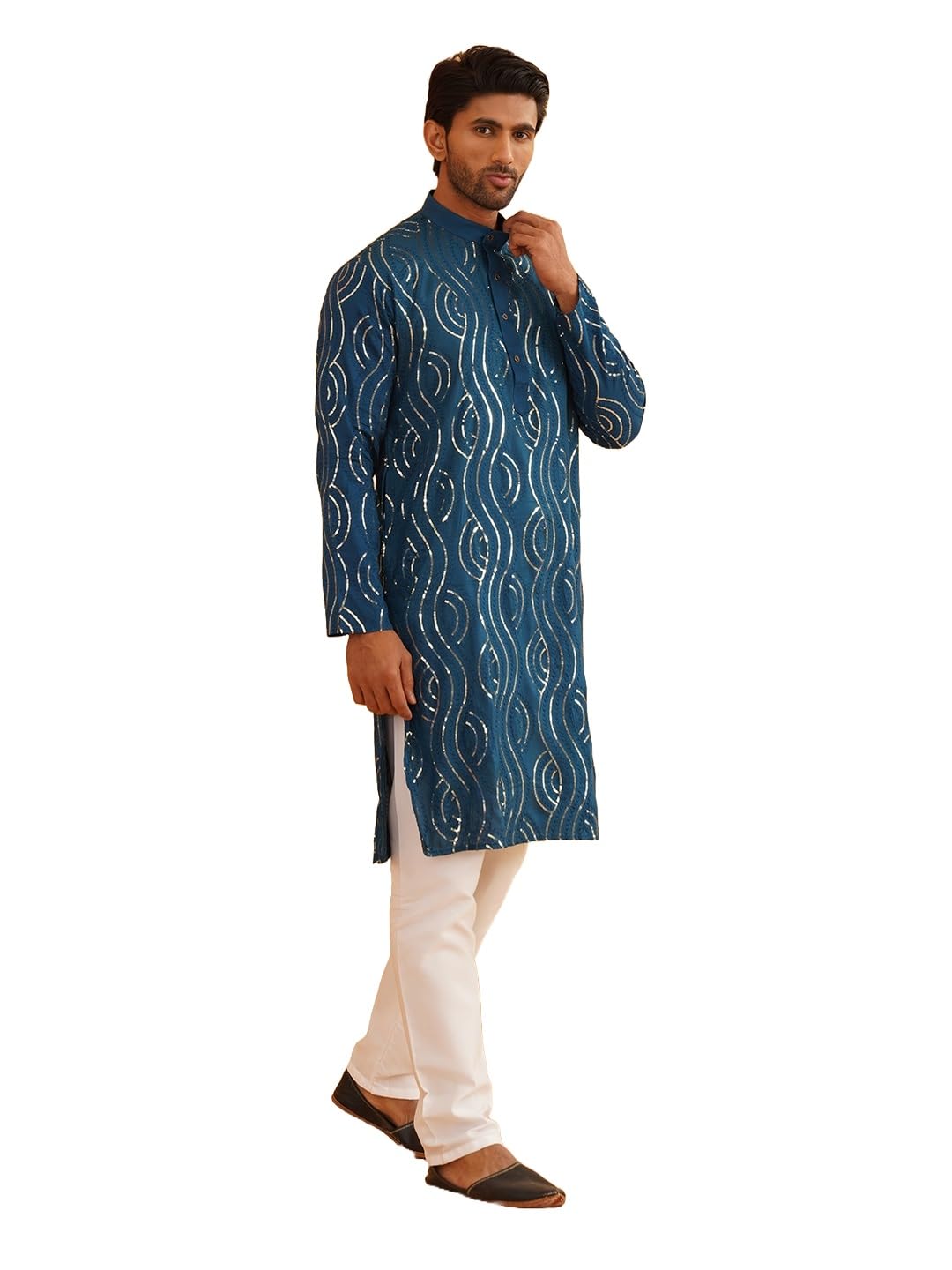 Sojanya (Since 1958 Men's Pure Cotton Tealblue Designer Kurta And White Churidar Pyjama Set