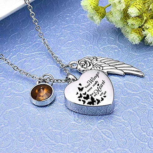 Miniatura 3 de Collar de urna de corazón para cenizas, joyería de cremación conmemorativa para cenizas, colgante de ala de ángel con 12 piedras natales, tus alas
