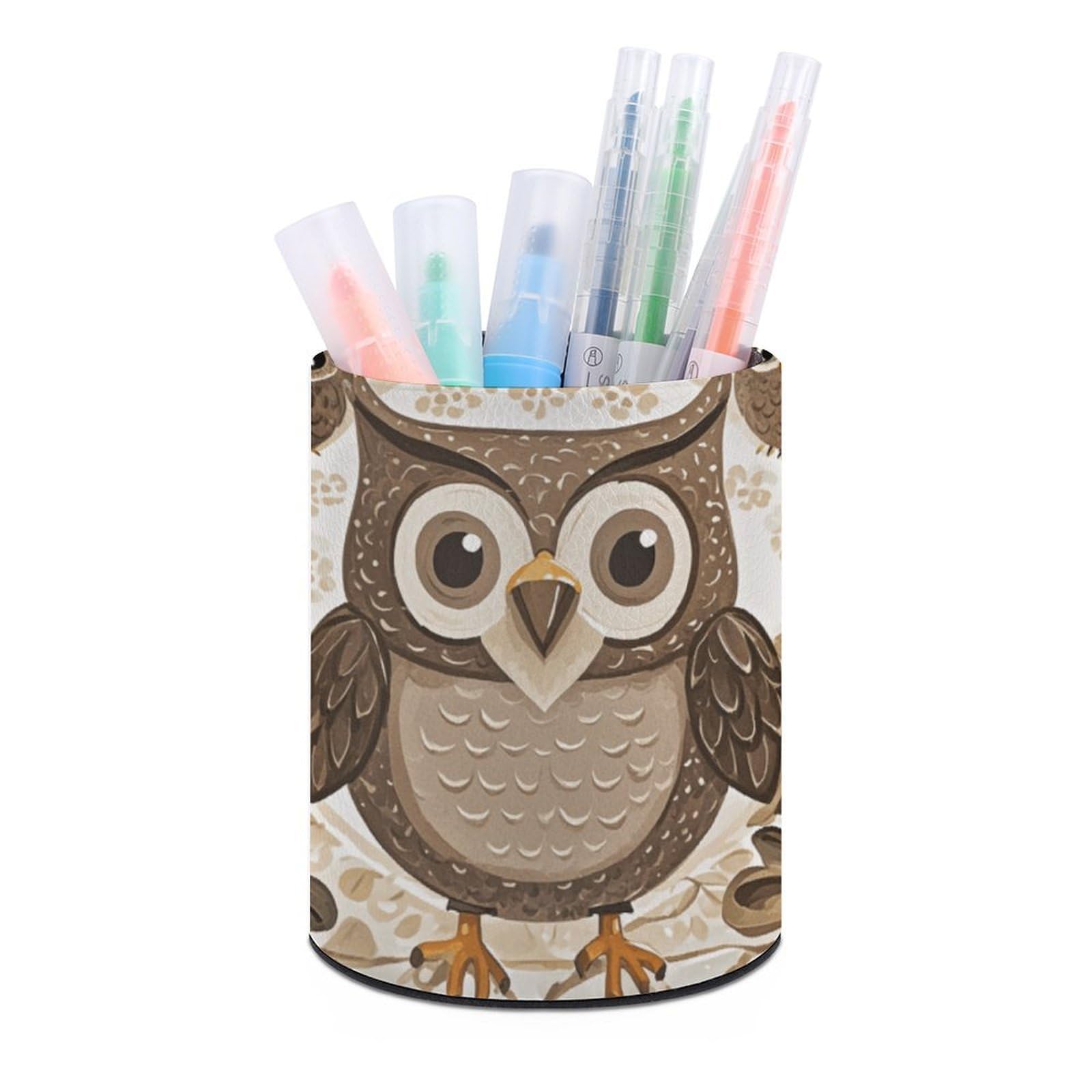 VstaDank Cute Brown Cartoon Owls Pen Holder PU Leather Pencil Cup Minimalist Desk Pencil Holder Round Make Up Brush Organizers For Office Dorm Room&Vanity Desk Accessories