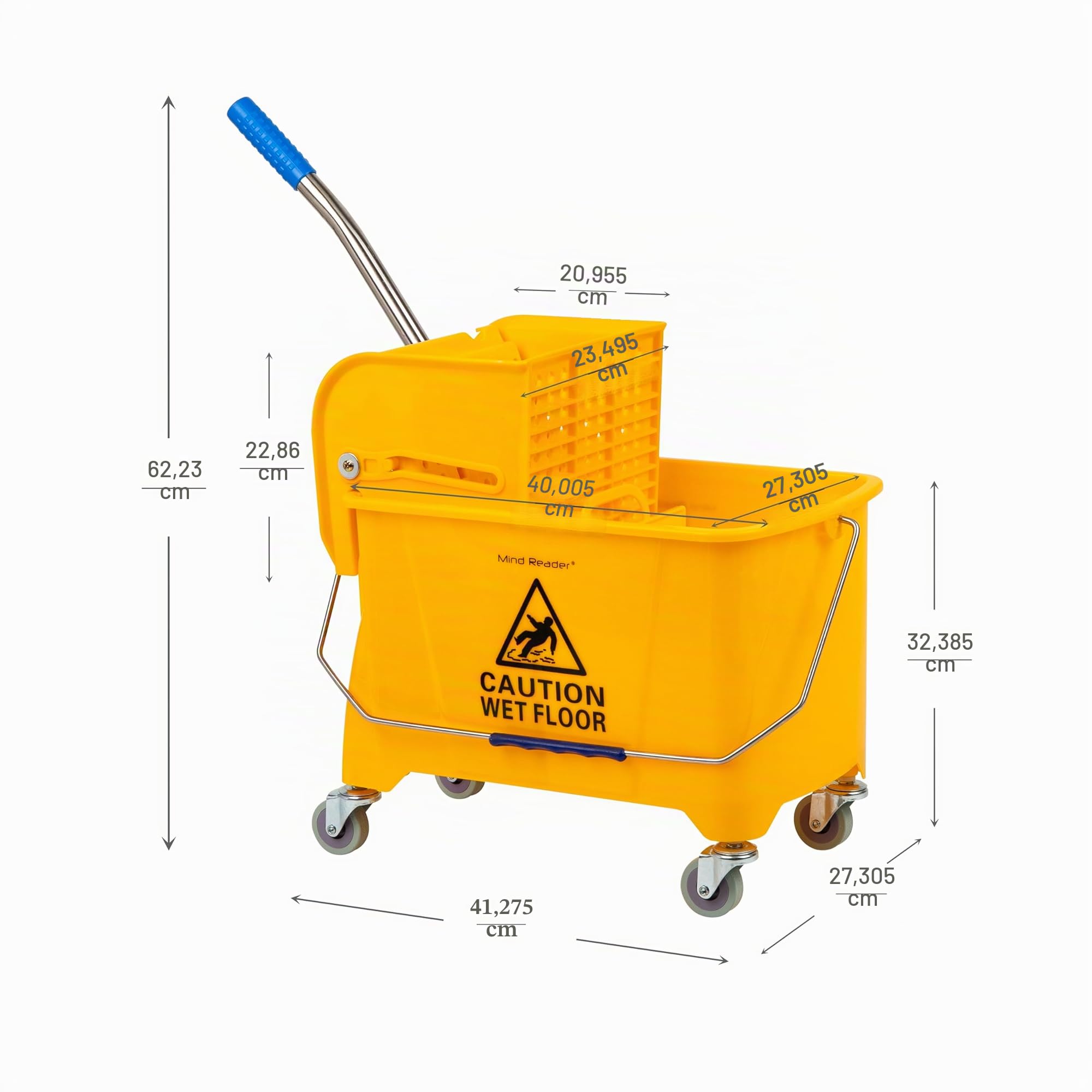 Mind Reader Secchio mobile per mocio resistente con strizzatore verso l'alto, capacità 22 litri, 41 cm di lunghezza x 27 cm di larghezza x 61 cm di altezza, giallo