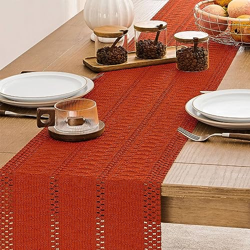 Image of ZeeMart Macrame Style Boho Table Runner, Burnt Ochre Fall Table Runners 48 Inches Long, Farmhouse Woven Home Decor, 12x48 Inch, Dark Orange