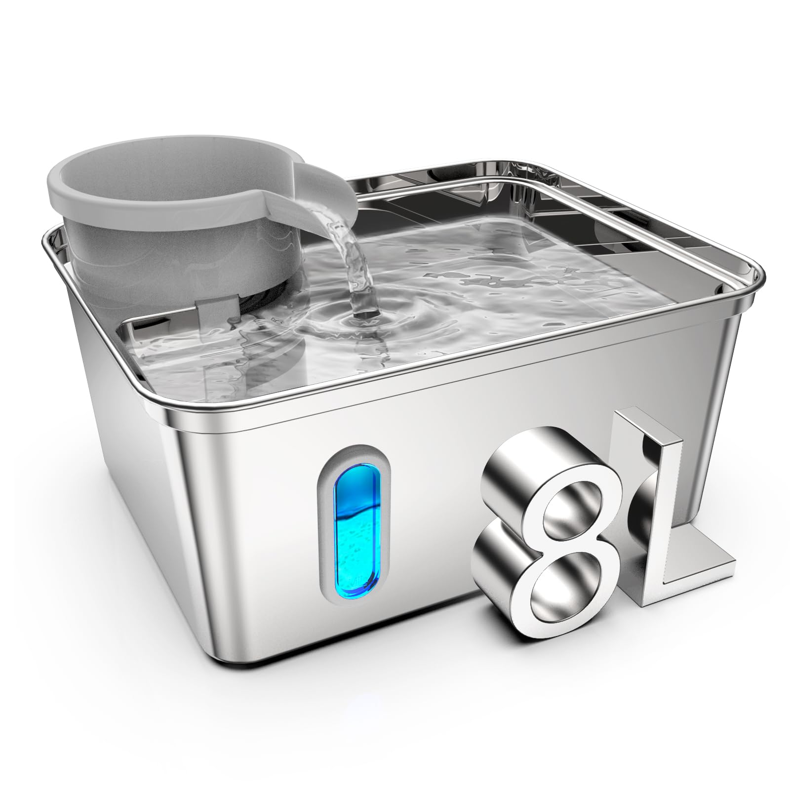 Dog Water Fountain, 8L/2.1Gallon/270oz Dog Fountain Water Bowl - Stainless Steel Ultra-Quiet Pet Water Dispenser with Water Level Window & Large Drinking Area