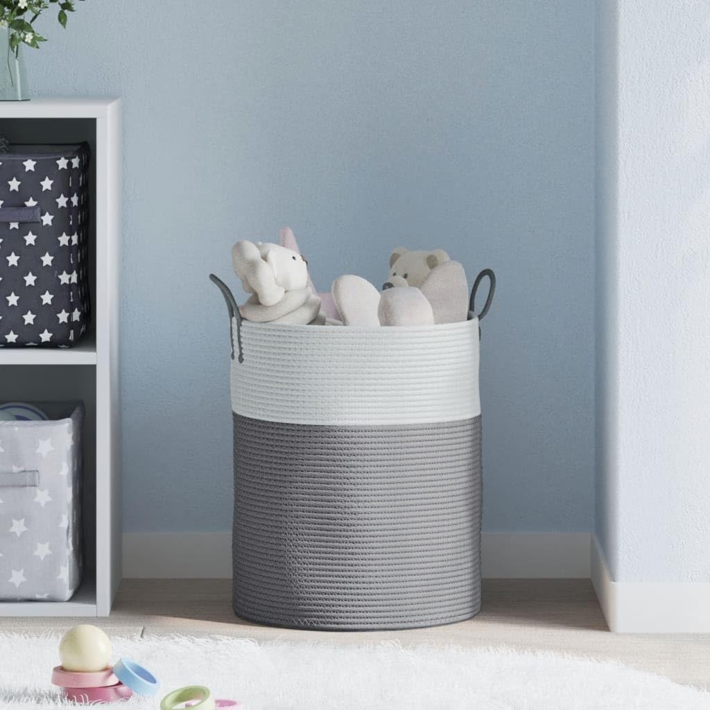 Aufbewahrungskorb Grau Weiß aus Baumwolle Ø38x46 cm geflochten, faltbar mit Griffen, vielseitig für Wäsche Spielzeug Kleidung, robust und atmungsaktiv für Wohnzimmer Schlafzimmer Bad