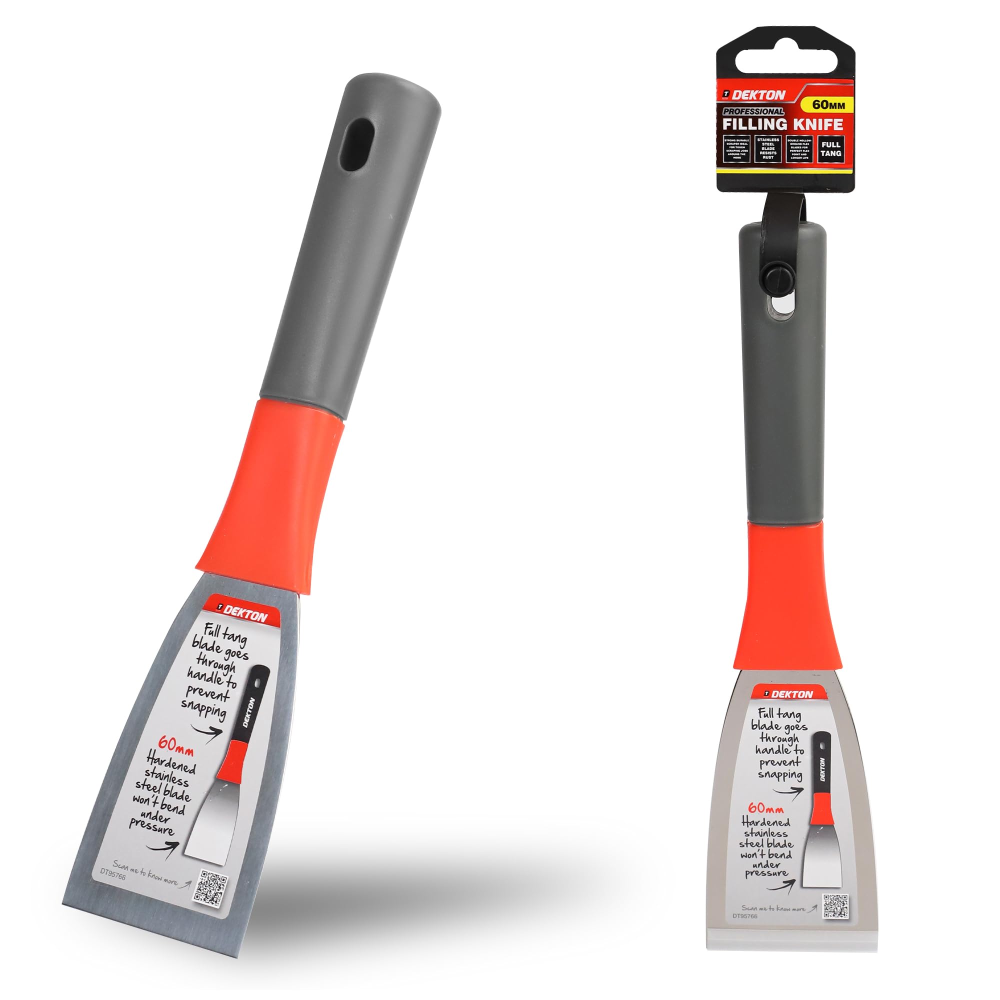 DEKTON Filling Knife 60mm, 1.27mm - Stainless Steel Flexible Blade with Ergonomic Rubber Grip Handle for Filling Cracks, Repairing Holes & Decorating Tasks