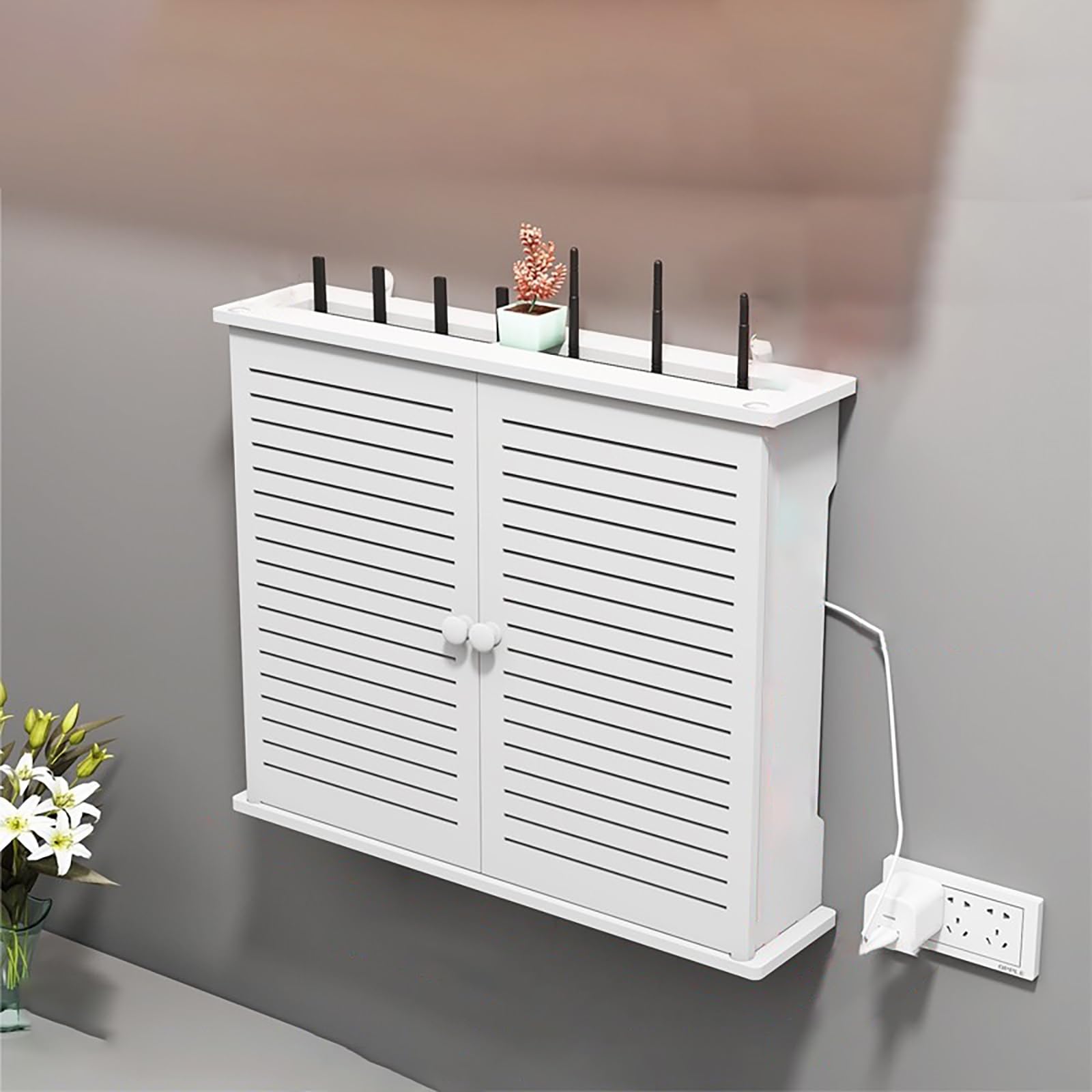 WiFi Router Mensola Montaggio a Parete Nascondere Cavi Scatola con Anta e Ripiano Grande Capacità per Soggiorni Casa e Ufficio.(48x11x40cm)