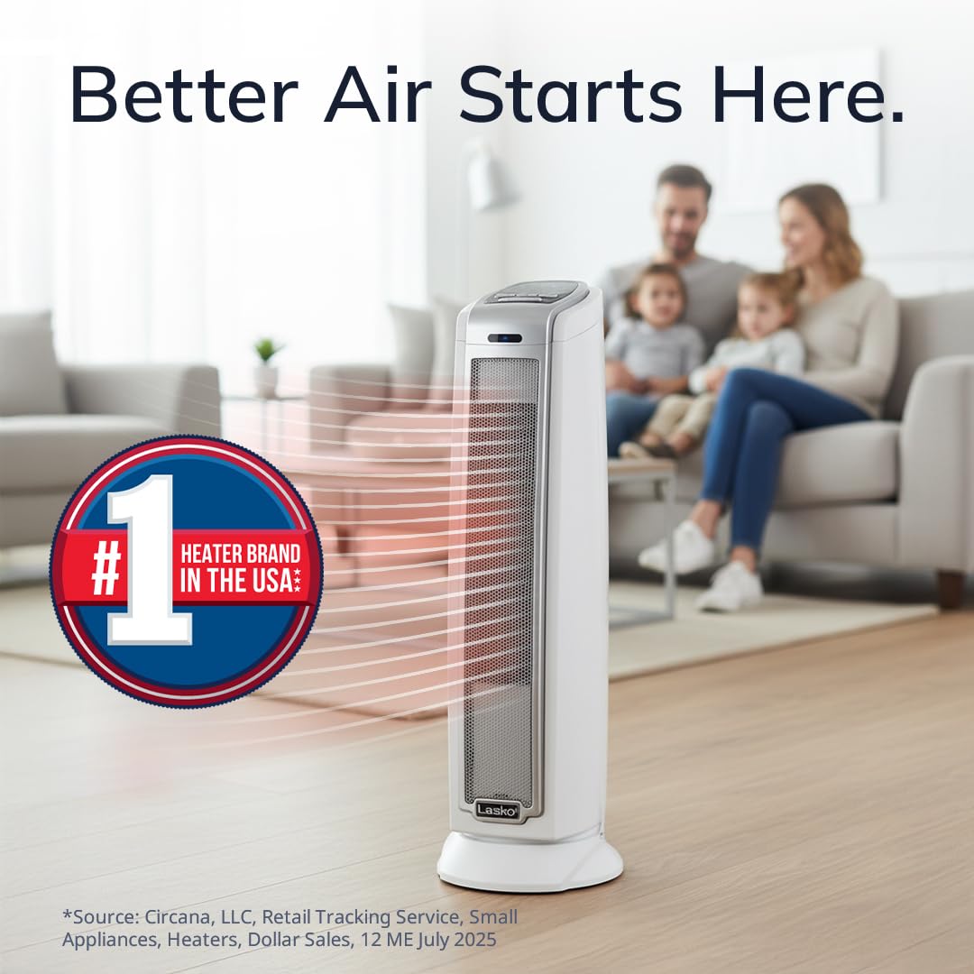 Lasko Oscillating Ceramic Tower Space Heater for Home with Overheat Protection, Timer, 22.5 Inches, Silver, 1500W, 5775, 7.5″L x 7.1″W x 22.75″H