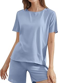 Pijama de satén para mujer, tallas grandes, holgado, informal, con cuello redondo, monocolor, dos piezas, mullido