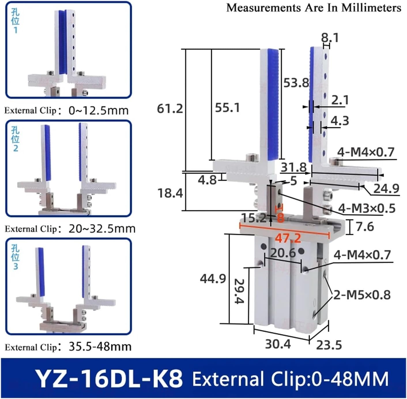Finger Cylinder Parallel Clamp Manipulator Extended Opening Clamp MHZL2-16D Adjustable Positioning Chuck(External Clip0-48mm)