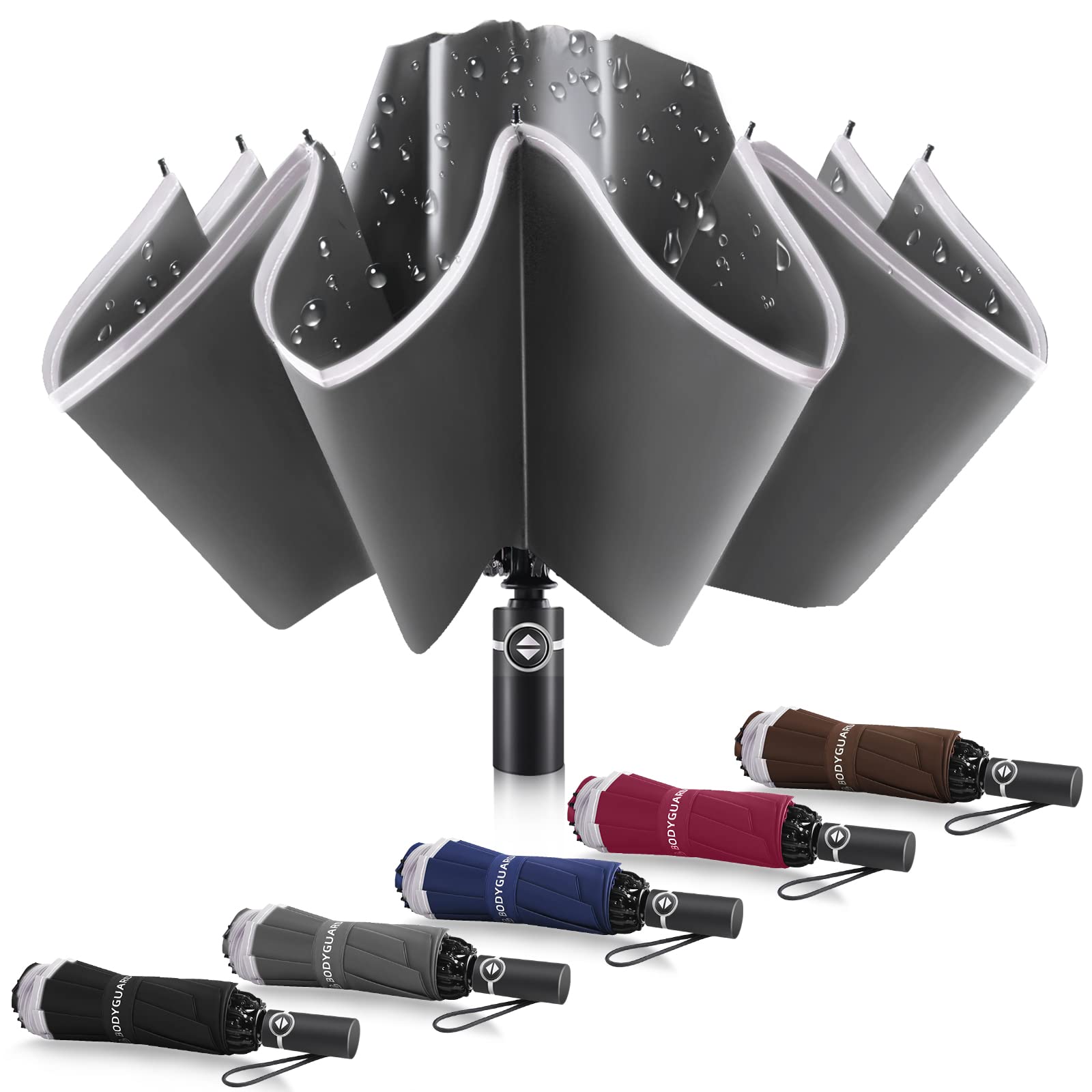 Bodyguard Inverted Umbrella Large Windproof Umbrellas for Rain Sun Travel Umbrella Compact with Reflective Stripe, Gray-46 INCH