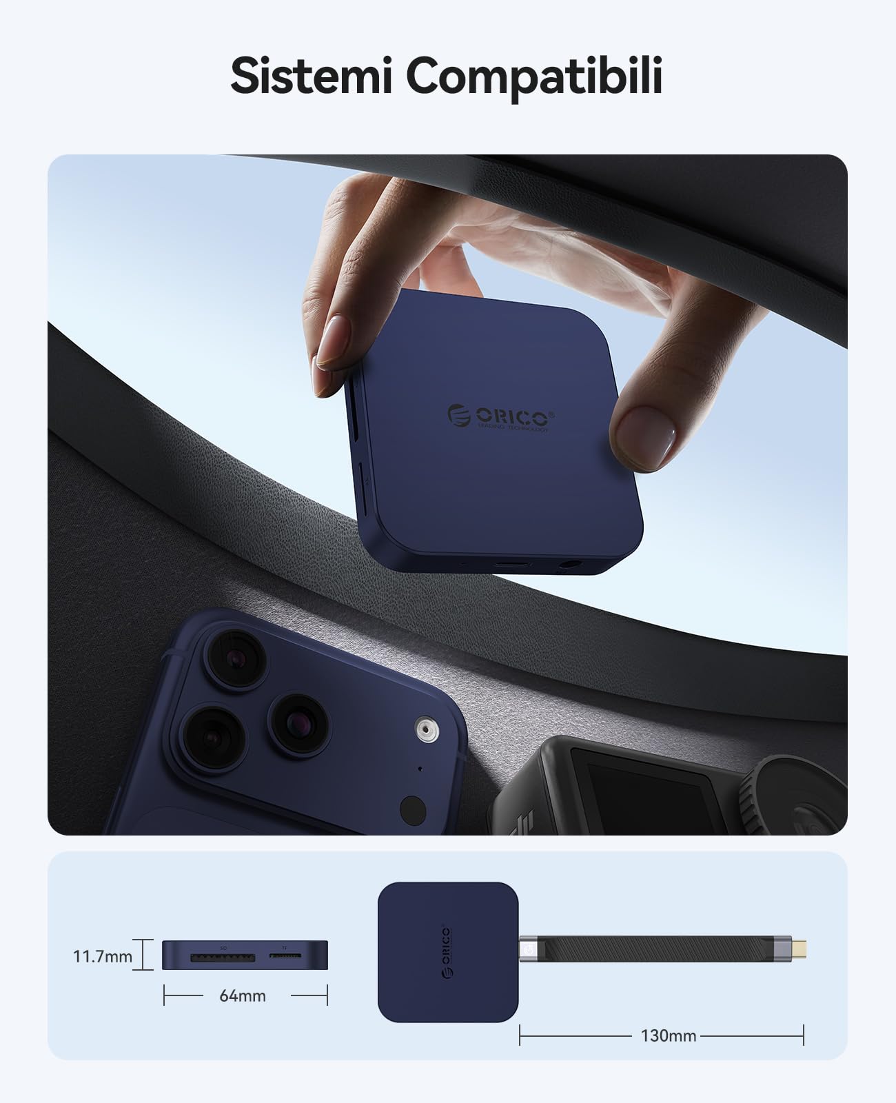 ORICO Lettore di schede SD magnetico con ricarica PD 100W, SD/TF 3.0, velocità di trasferimento dati 104 MB/s, Card Reader Compatibile con iPhone 17/16/15, iPad Pro e MacBook (Blu, 6 IN 1)