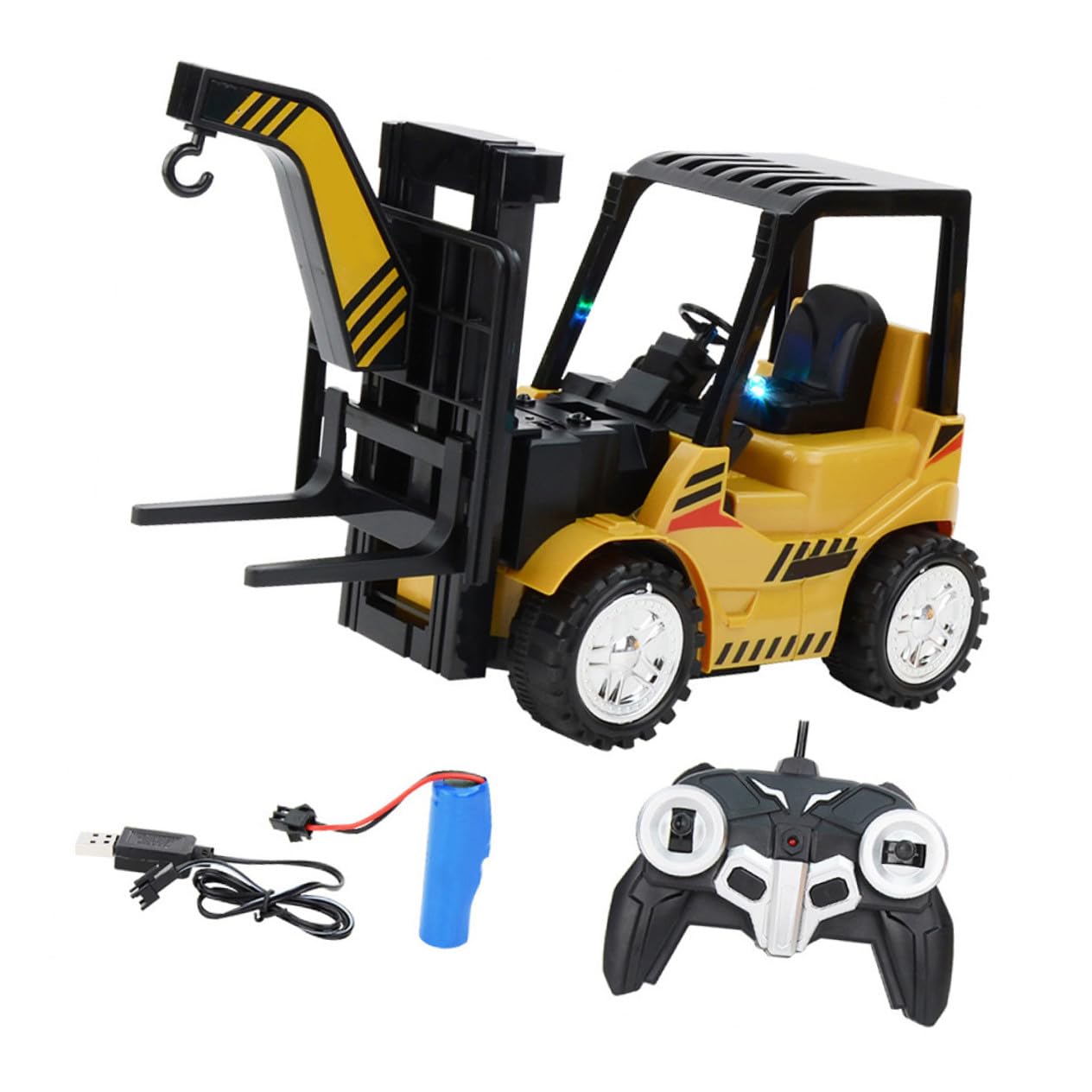 ORFOFE Carrello Elevatore Giocattolo Telecomandato Nero in Plastica Movimenti Agili e Braccio Sollevabile, Set Completo Batteria Ricaricabile per Bambini