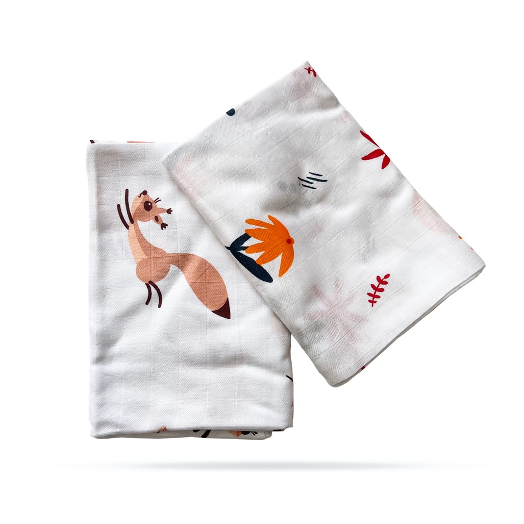 Kridlo 100% Cotton Printed Swaddle Wrap for Newborn Baby | Soft & Breathable Muslin Blanket, 90 x 90cm, Skin-Friendly | Ideal for 0-2 Years | Pack of 2 (Brown Naughty Squirrel & Orange Daisy Designs)