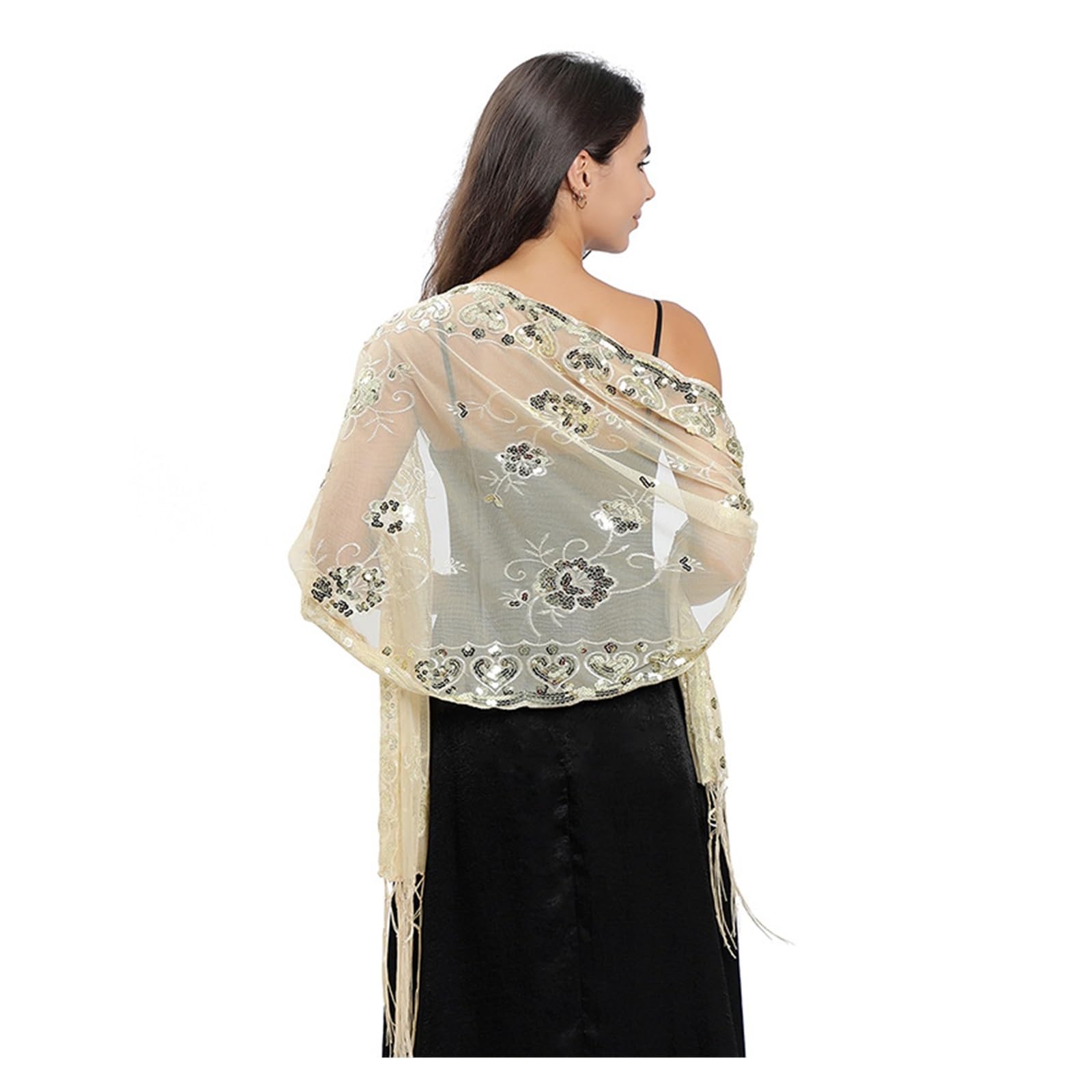 Chal De Noche Chales de lentejuelas con bordados florales for mujer, vestidos de noche, chal for novia, dama de honor, capas de boda, bufanda de hombro(Black Gold)