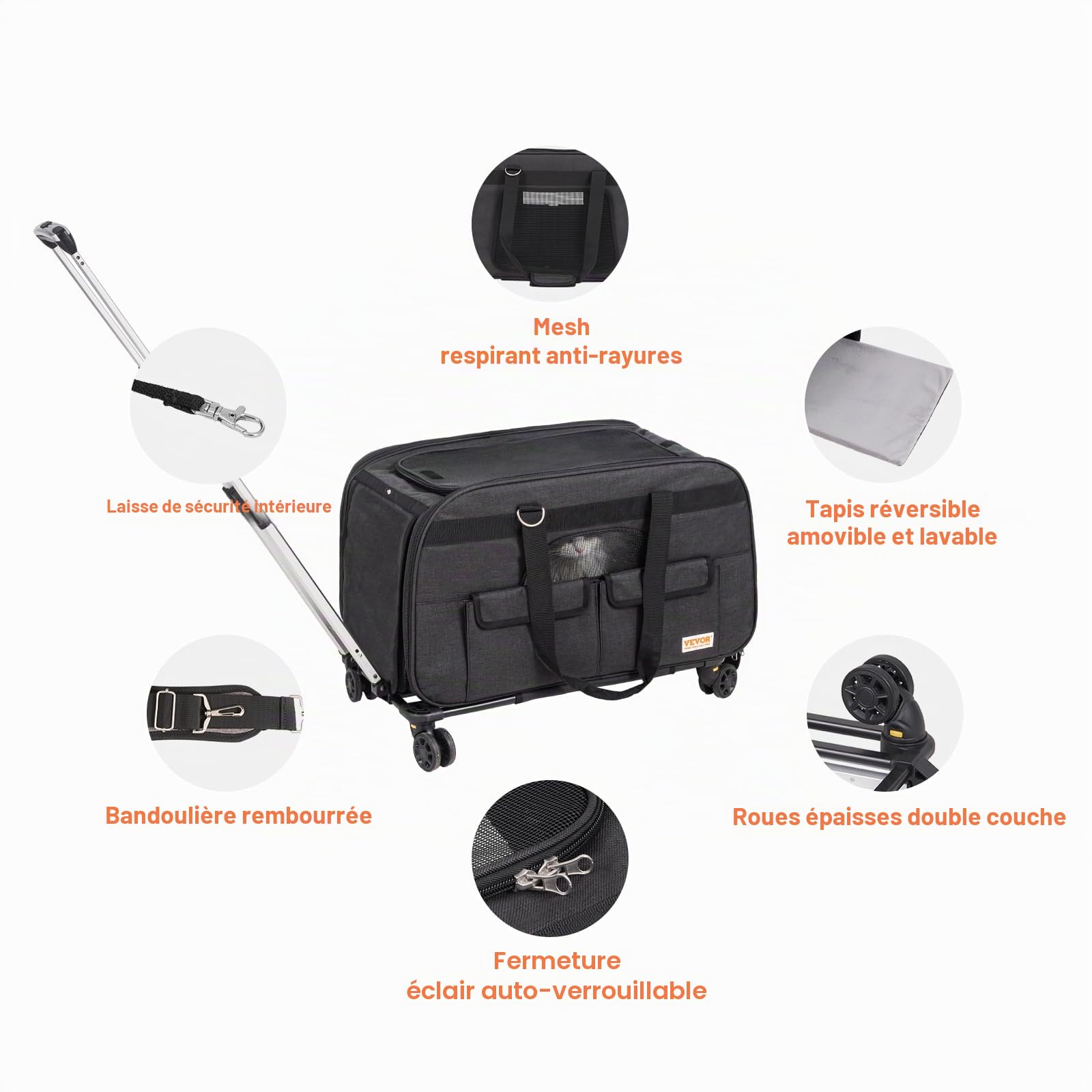 VEVOR Sac à Roulettes pour Chat Chien 15,8 kg Sac de Transport Chats Poignée Télescopique Bandoulière Gamelle Pliable Transporteur Roulant Fermeture Éclair Autobloquante pour Animaux de Compagnie Noir