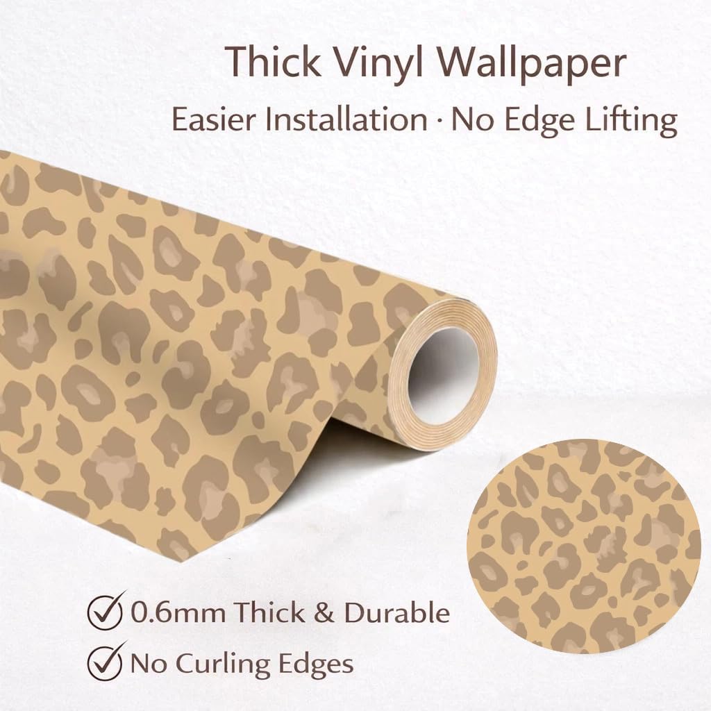 Peel and Stick Wallpaper, Extra Thick Self Adhesive Removable Wallpaper, Leopard Print Animal Pattern, Beige Neutral for Bedroom Living Room 17.7in x 124in