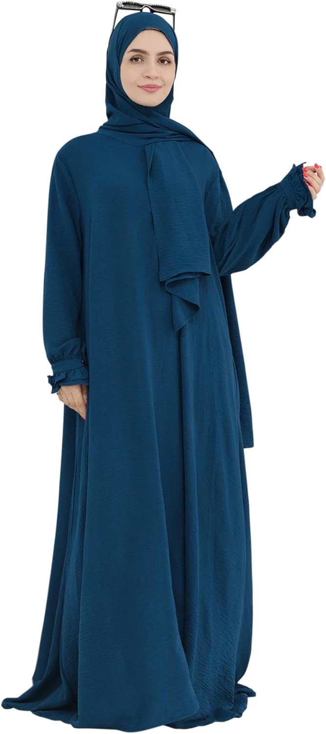Women Muslim Dress Middle East Arabian Robe Islamic Modest Dress with Hijab Scarf Lace Sleeve Flowy Abaya Dress - Image 4
