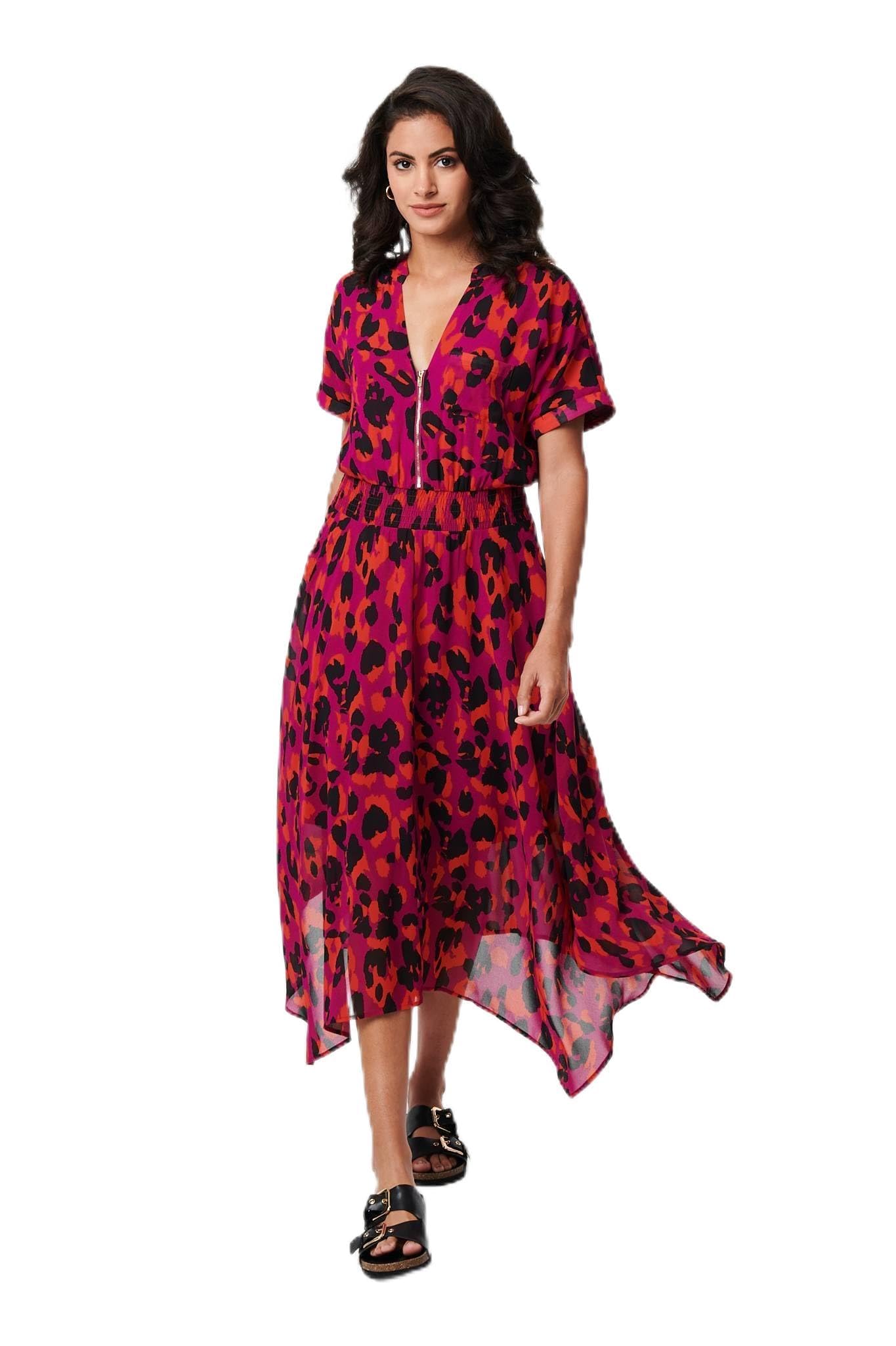 Izabel London Women's Purple Animal Print Zip Hanky Hem Midi Dress In Size 12
