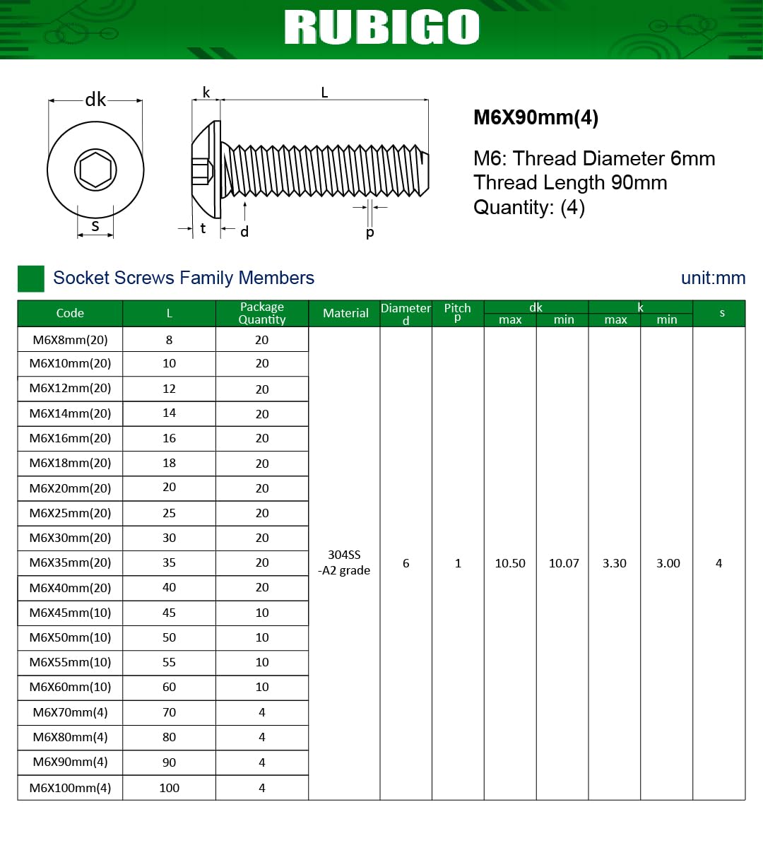 Rubigo M6 Bolts, M6 x 90mm Hex Socket Button Head Machine Bolts - Image 3