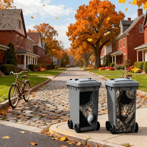 Image of 2 PC Trash Can Sticker 14.57 x 32.28 Inch Cat Peeking Tree Hollow Design Vinyl Sticker with Green Eye and Paw Pattern for Outdoor Garbage Bin Garden Yard Driveway Home Decor