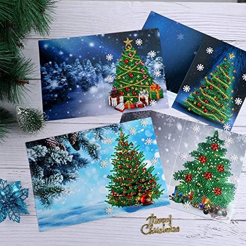 4 Pieces Christmas Cards 5D DIY Diamond Painting Greeting Card Xmas Tree Cards with Christmas Stickers for Xmas Greeting Gifts