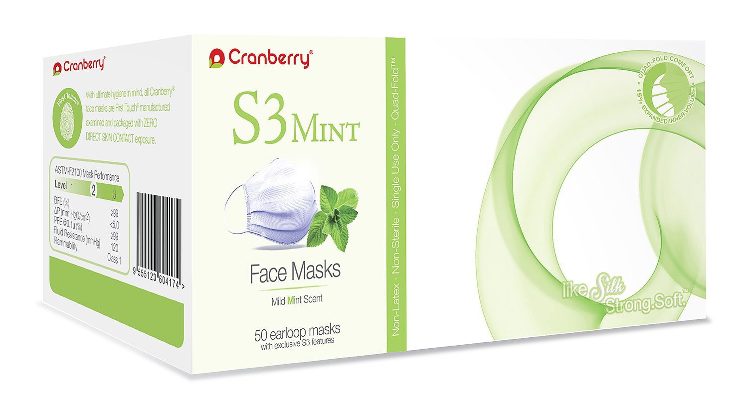 Cranberry USA Cranberry S3090Gcase S3 Mint Earloop Face Mask, Green (Pack of 400)