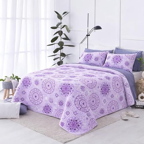 The one home Colcha Boutí Acolchada Reversible Diseño Mandala Lila y Morado – 100% Poliéster Tacto Suave, Colcha Verano Ligera Transpirable, con Funda Almohada, Cama 90 180×270cm