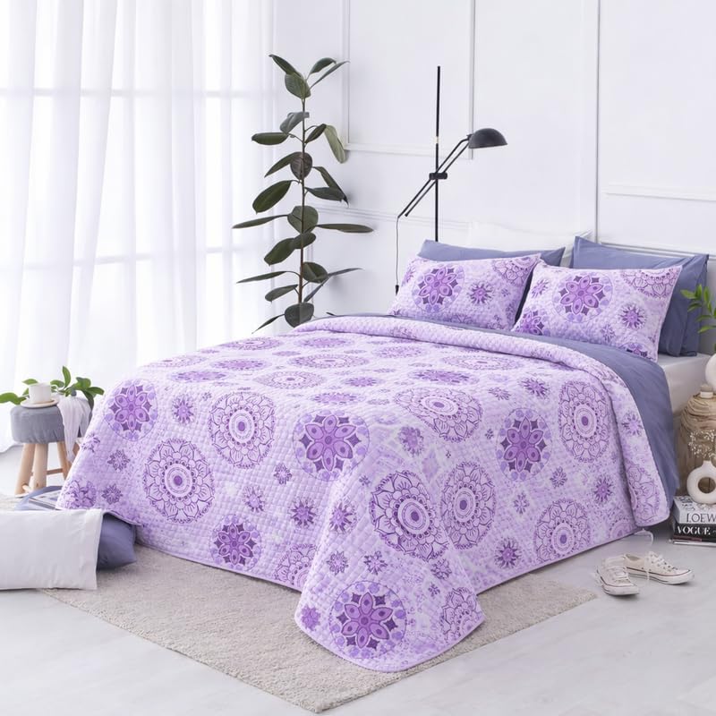 The one home Colcha Boutí Acolchada Reversible Diseño Mandala Lila y Morado – 100% Poliéster Tacto Suave, Colcha Verano Ligera Transpirable, con Funda Almohada, Cama 90 180×270cm